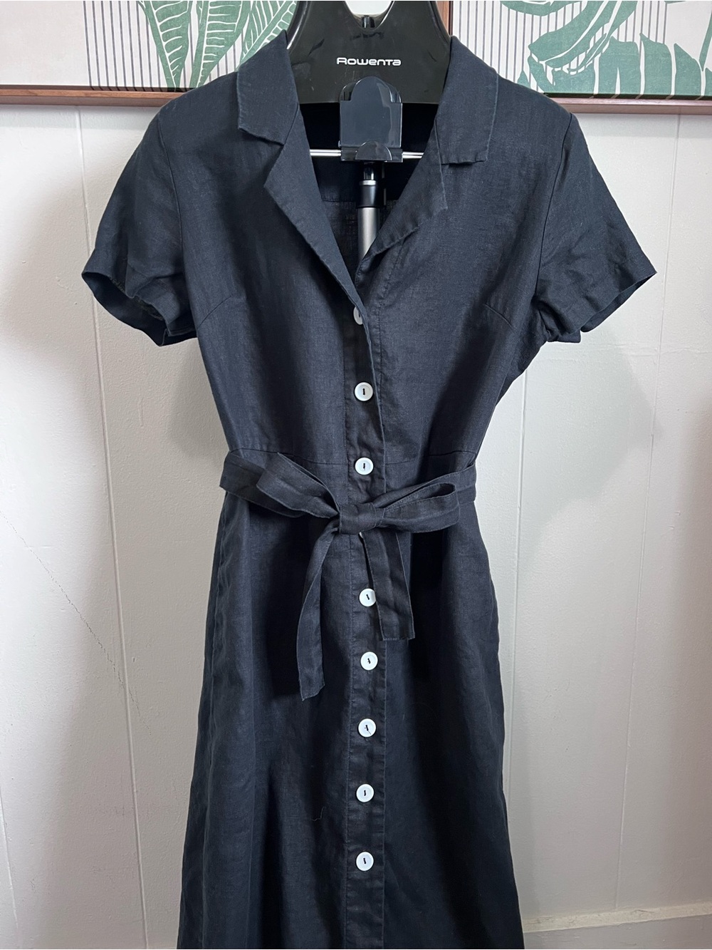 NWT Quince Black Button-Front Midi Shirt Dress with Waist Tie 100% linen